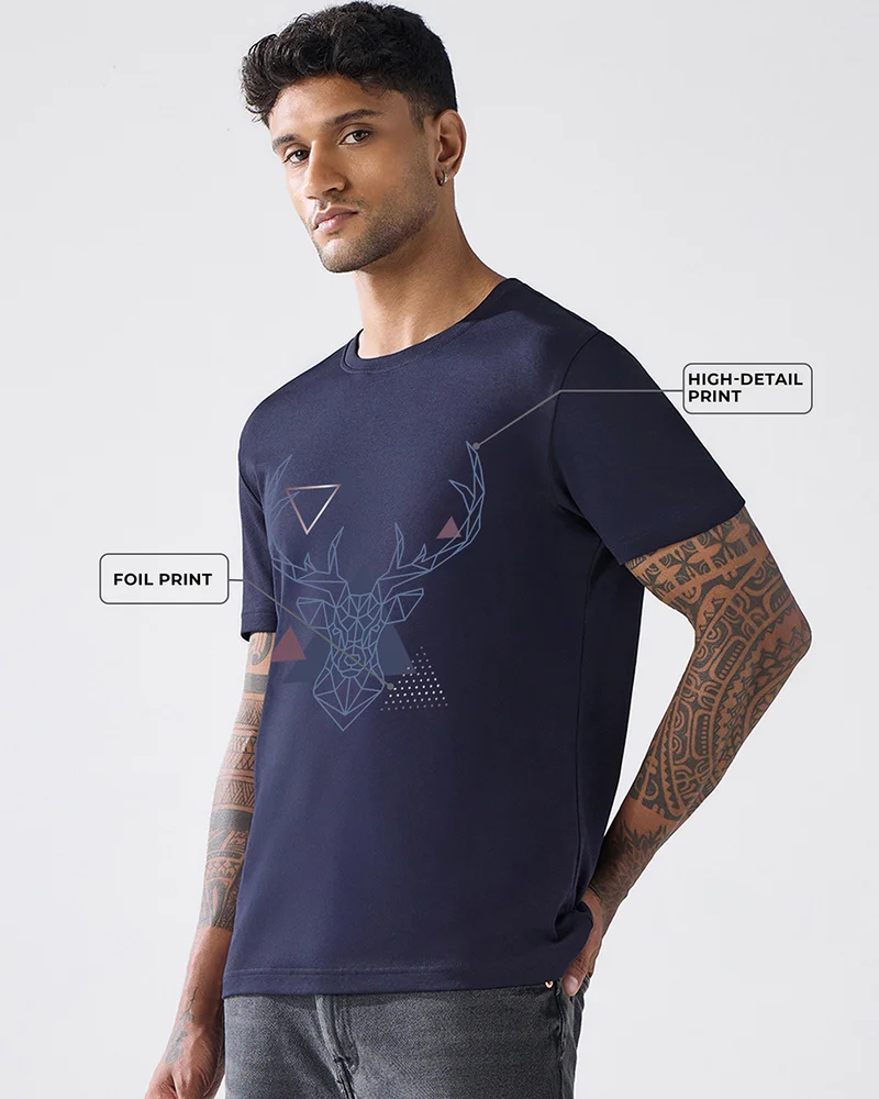 بيواكوف Men's Inking Blue Stag Graphic Printed T-shirt